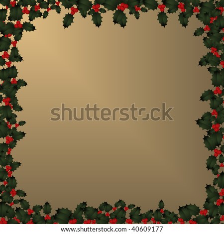Illustration of holly leaves and berries bordering gold gradient copy space on all four sides.