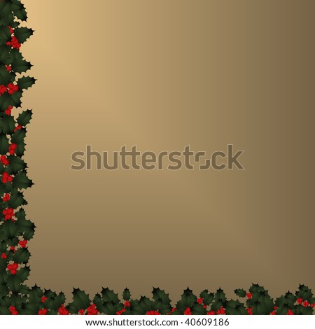 Illustration of holly berries bordering gold copy space on left and lower frame.