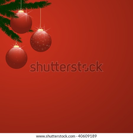 Three red shiny baubles, hanging from Christmas tree branches on upper left side of frame.  Red gradient background provides copy space to the right and below.