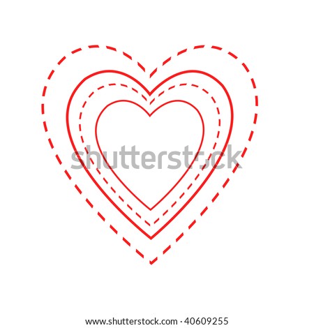 Illustrated heart shapes in alternate red solid and dashed lines, indicative of needlecraft and road markings.  White background.