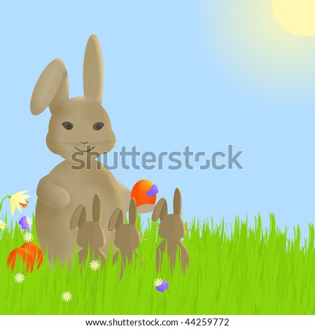 Illustration of a mother rabbit giving Easter eggs to her babies  Set in a flowery Spring meadow with blue sky and sunshine.  Copy space provided.