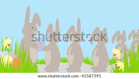 Illustration - young rabbits queue along a path to receive an Easter egg from an adult rabbit.  Daffodils in grass. A flat blue sky for easy replacement or extension of copy space.