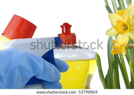 Bleach, washing up liquid, and a spray bottle beside some daffodils.  A hand in a rubber glove reaches in from lower left frame to pick up a cleaning product.  White background.