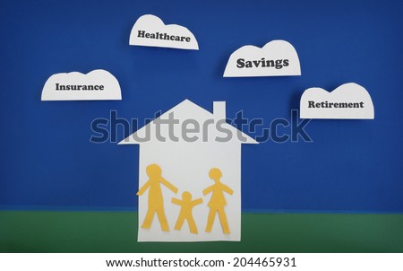 Family of three paper cutout figures with financial-related messages