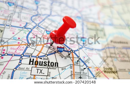 Closeup of a Houston, Texas map with red pin