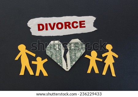 Paper family and broken money heart with Divorce text