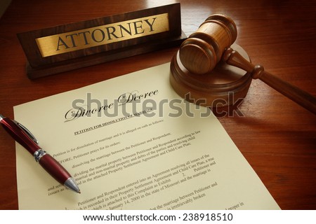 Divorce Decree with gavel and Attorney nameplate