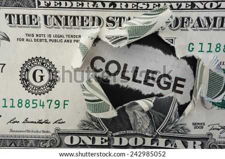 Paper headline with College text in torn dollar bill