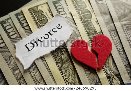 Broken red heart and Divorce paper note on cash
