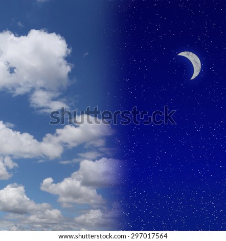 Night sky filled with stars and crescent moon beside cloud filled blue sky