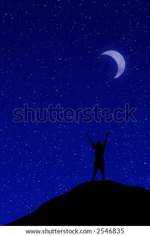 Person reaching up to the starry night sky
