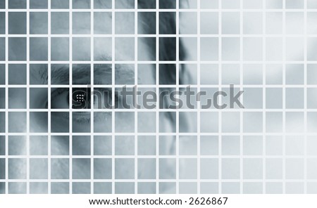 Closeup of mans face behind a grid