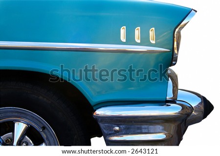 Front-side closeup of a classic car, isolated on white