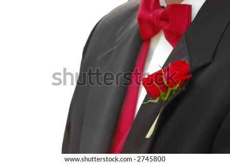 stock photo Man in redtie tuxedo closeup isolated on white