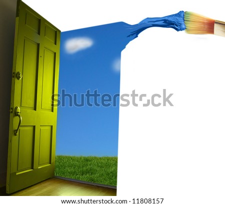 Door opening to  blue sky, with paint brush