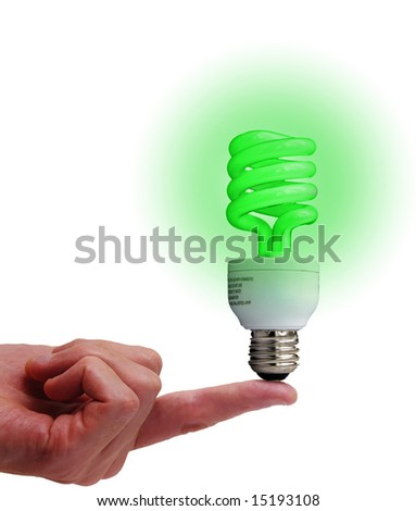 Compact fluorescent bulb on a finger, isolated on white