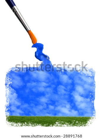 Green grassy hill and bright blue sky being painted