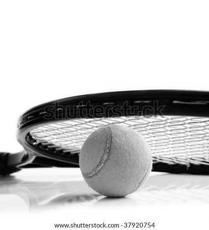 Closeup of a tennis racket and ball, on white