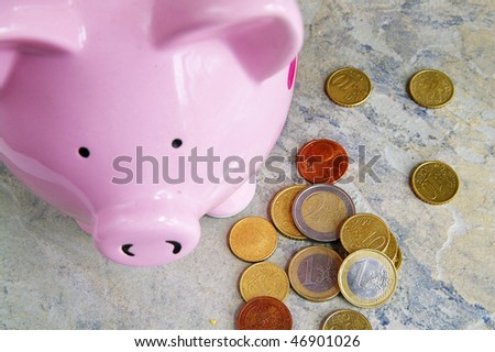 assorted Euro (EU) coins with pink piggy bank