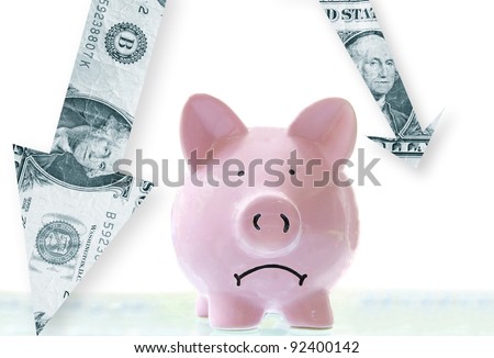 frowning pink piggy bank with downward pointing dollar arrows