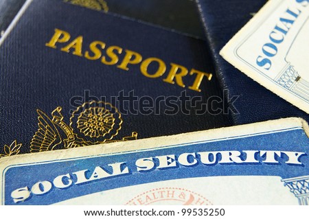 Closeup of US Social Security cards and passports