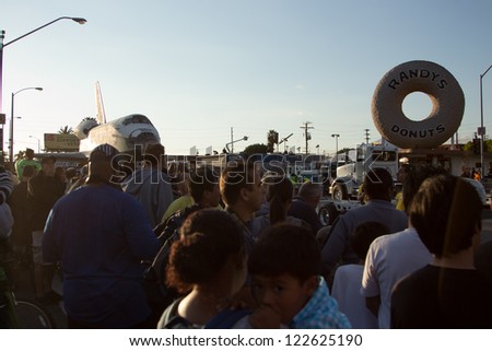 INGLEWOOD, CA - SEPT 21: Shuttle Endeavour moves across the streets of Inglewood, CA on Oct 12, 2012.