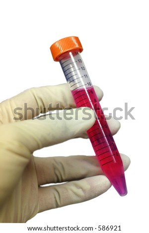 stock photo : Test Tube / Falcon centrifuge tube with red media in a gloved 