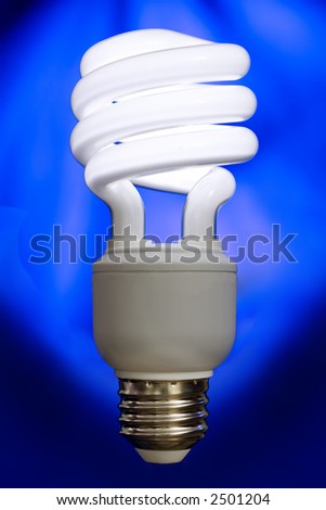 Close up of a compact fluorescent light bulb, turned on