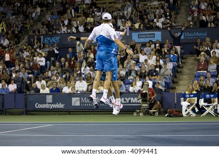 WESTWOOD, CA - JULY 21: Doubles team Bob and Mike Bryan (pictured) playing against Jeff Coetzee and Wesley Moodie at the US Open Series Countrywide Classic Semi-Finals on 7/21/07.