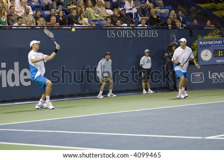 WESTWOOD, CA - JULY 21: Doubles team Bob and Mike (pictured) Bryan playing against Jeff Coetzee and Wesley Moodie at the US Open Series Countrywide Classic Semi-Finals on 7/21/07.