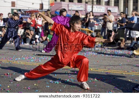 Los Angeles Chinatown, Feb 9th, 2008: Kung-Fu Wu-Shu practitioners in the Chinese New Year parade, celebrating Year of the Rat.
