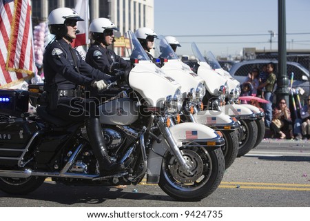Los Angeles Chinatown, Feb 9th, 2008: Los Angeles Police Department Motocycle officers in the Chinese New Year Golden Dragon Parade.