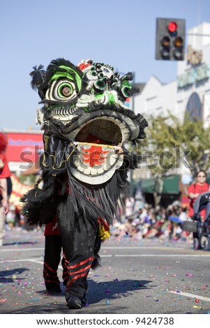 Los Angeles Chinatown, Feb 9th, 2008: Dragon performers in the Chinese New Year parade, celebrating Year of the Rat.