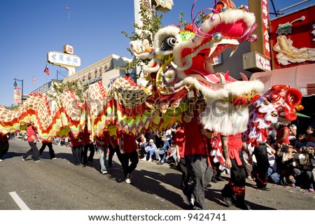 Los Angeles Chinatown, Feb 9th, 2008: Dragon performers in the Chinese New Year parade, celebrating Year of the Rat.