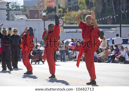 Los Angeles Chinatown, Feb 9th, 2008: Young Kung-fu practitioners in the Chinese New Year parade, celebrating Year of the Rat.