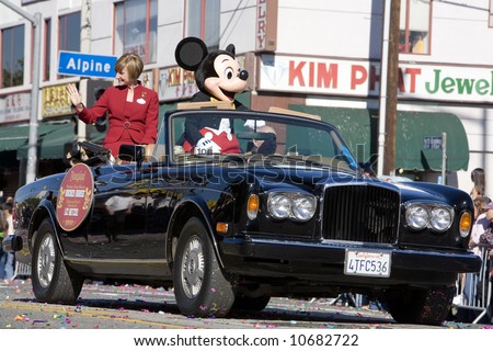 Los Angeles Chinatown, Feb 9th, 2008: Honorary Grand Marshall Mickey Mouse in the Chinese New Year parade, celebrating Year of the Rat.