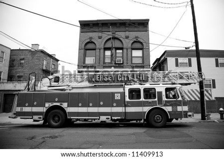 Jersey City, New Jersey Dec 22nd, 2007:  A New Jersey Fire Truck parked in front of the Fire House.