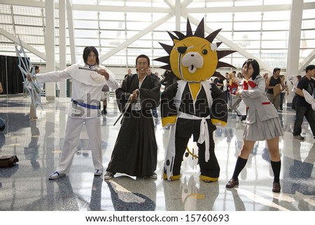 LOS ANGELES - JULY 4: Anime fans portray \'Kon\' and other characters from the series \'Bleach\' at the Anime Expo 2008 at the Los Angeles Convention Center July 4, 2008 in Los Angeles, CA.