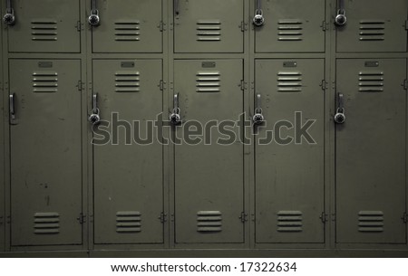 A wall of beige school lockers typical of an American public high-school