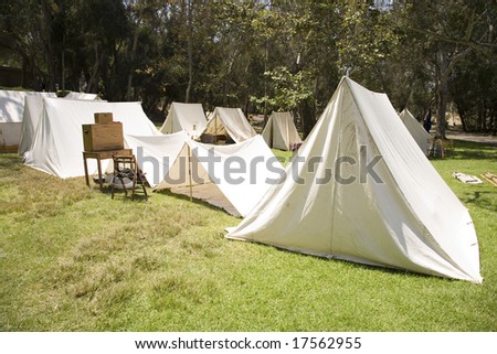 A recreation of an American Civil War era military encampment or bivouac