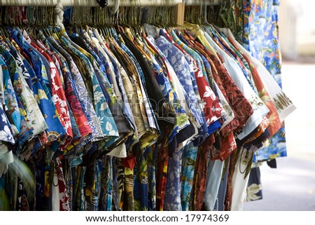 Hawaiian shirts on a rack in Waikiki\'s International Market Place