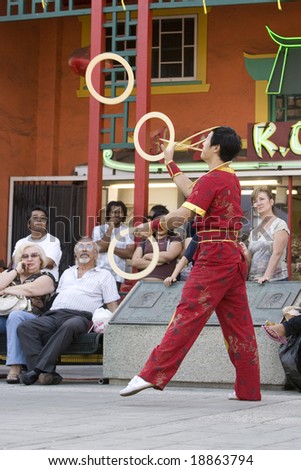 LOS ANGELES CHINATOWN, CA - SEPT 14:  Chinese juggler Haitao, performs in the 2008 Moon Festival in Los Angeles\' Chinatown.