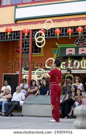 LOS ANGELES CHINATOWN, CA - SEPT 14:  Chinese juggler Haitao, performs in the 2008 Moon Festival in Los Angeles\' Chinatown  on September 14, 2008.