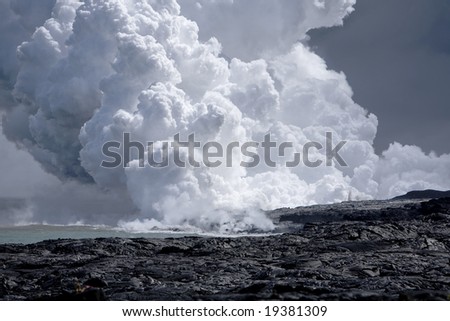 Steam cloud formed by the flow of Lava on Hawai\'i from Mt. Kilauea.