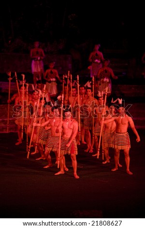 LA\'IE, HI - JULY 26: New Zealand students perform a Maori cultural dance in the Polynesian Cultural Center (PCC) in 2008. The PCC is Hawai\'i top paid attraction, and supports BYU students.