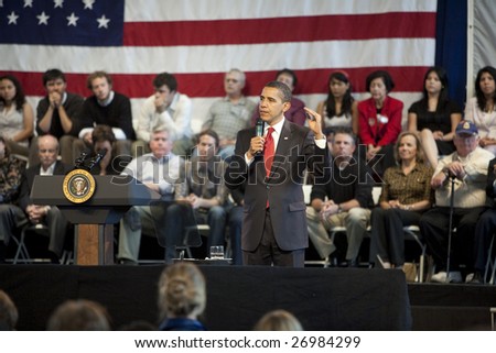 LOS ANGELES - MARCH 19: President Barack Obama speaks at a town hall meeting at the Miguel Contreras Learning Center on March 19th, 2009 in Los Angeles. 1,100 people attended to hear him speak.