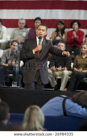 LOS ANGELES - MARCH 19: President Barack Obama speaks at a town hall meeting at the Contreras Learning Center on March 19th, 2009 in Los Angeles. 1,100 people attended to hear him speak.