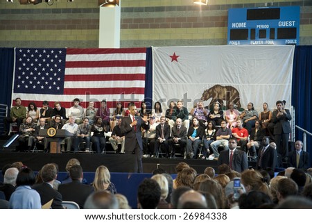 LOS ANGELES - MARCH 19: President Barack speaks at a town hall at the Miguel Contreras Learning Center on March 19th, 2009 in Los Angeles. 1,100 people attended to hear him speak.