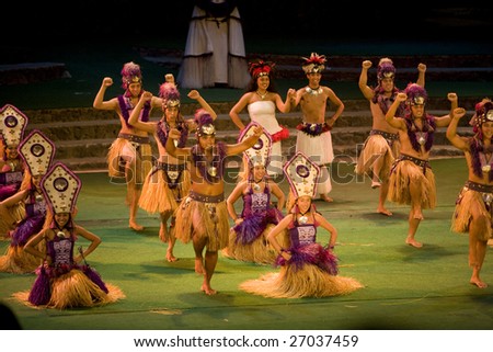 LA'IE, HI - JULY 26: Students perform Tahitian dance at the Polynesian Cultural Center (PCC) on July 26, 2008 in La'ie, Hawaii. The PCC is Hawaii top paid attraction and supports BYU students.