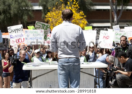 LOS ANGELES - APRIL 22: David Jentsch, an alleged victim of animal rights extremists, speaks out against terrorism against biomedical researchers at UCLA on Earth Day, April 22nd, 2009 in Los Angeles.